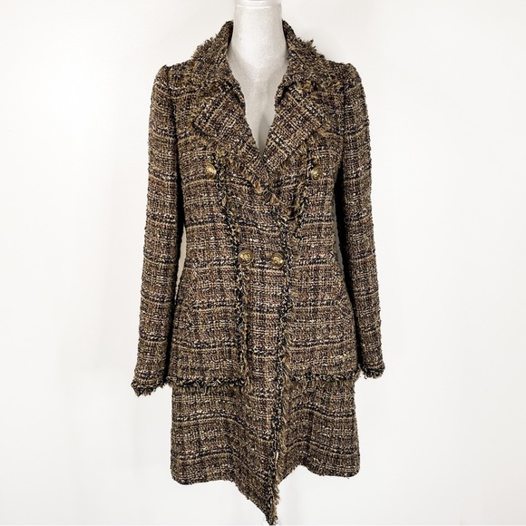 mine Jackets & Blazers - Classic Brown & Navy Long Tweed Ladies Jacket w/ Fringe Hem & Gold Buttons